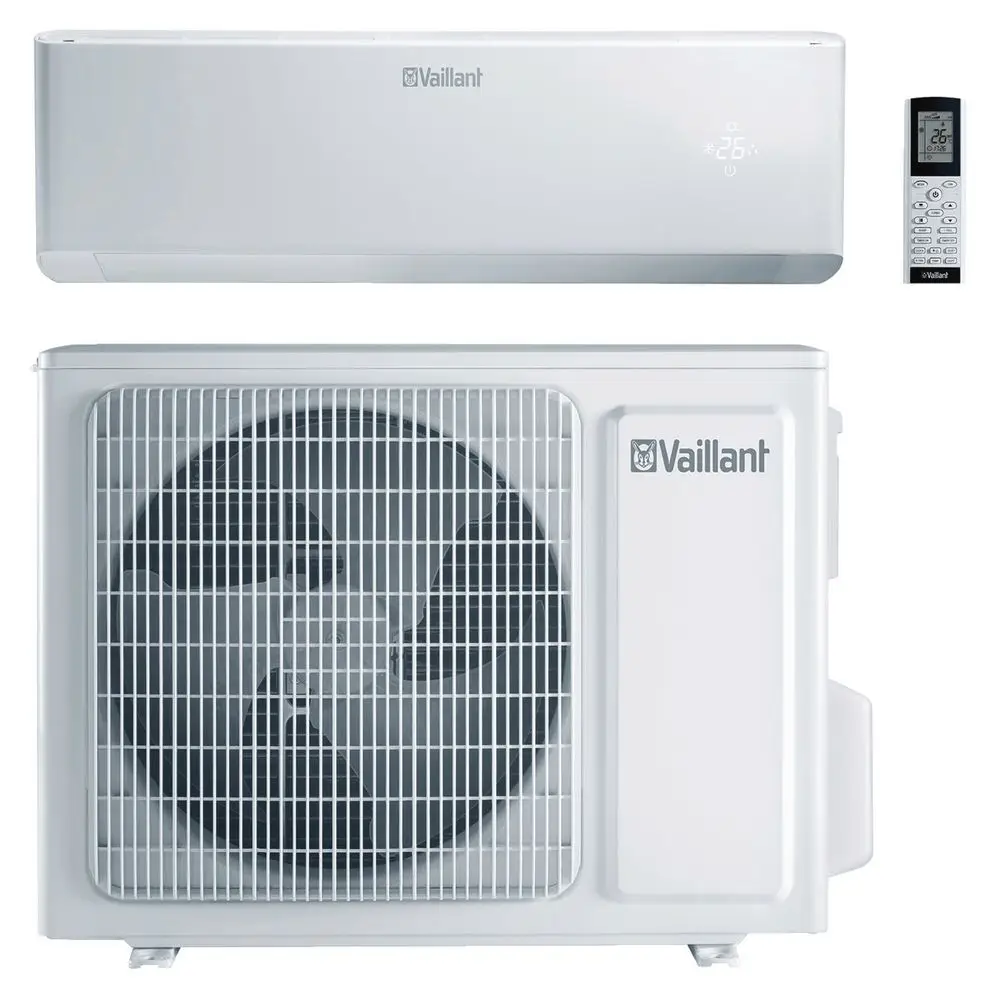 Wandklimagerät von Vaillant mit Inneneinheit und Außeneinheit, ausgestattet mit einem Ventilator und einem Handbediengerät.